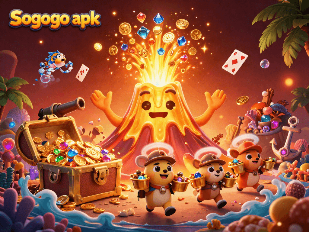 Engage in gaming excitement with the Sogogo apk, featuring a vibrant casino scene and treasure elements.