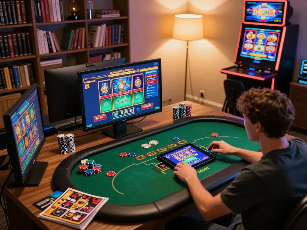 Engaged player exploring games at calzadagallery's online casino setup using tablet and computer.