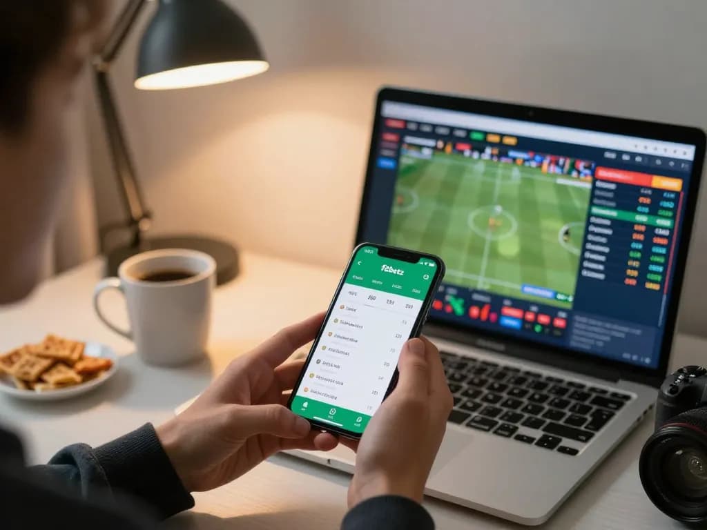Person engaged in online sports betting using the f8betz app in a modern home office.