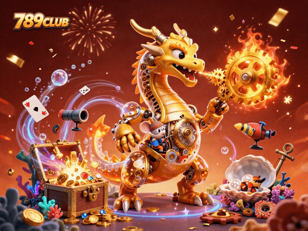 Experience thrilling wins at 789CLUB with vibrant 3D casino-themed illustration and animated elements.