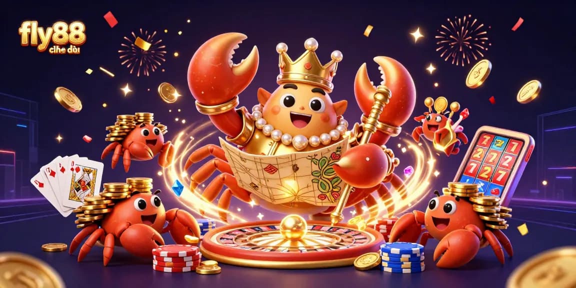 Experience the excitement of fly88 chính thức with a vibrant casino scene featuring a golden crab emperor and dynamic game elements.