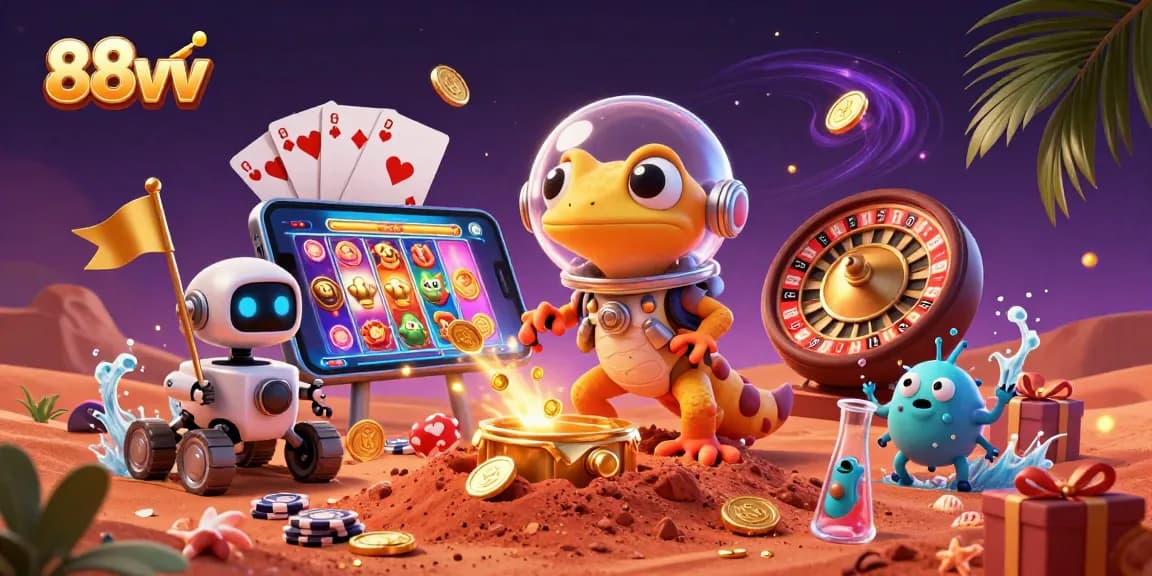 Engage with 88vv in an ultra-detailed 3D casino exploration with vibrant gaming elements and charming characters.