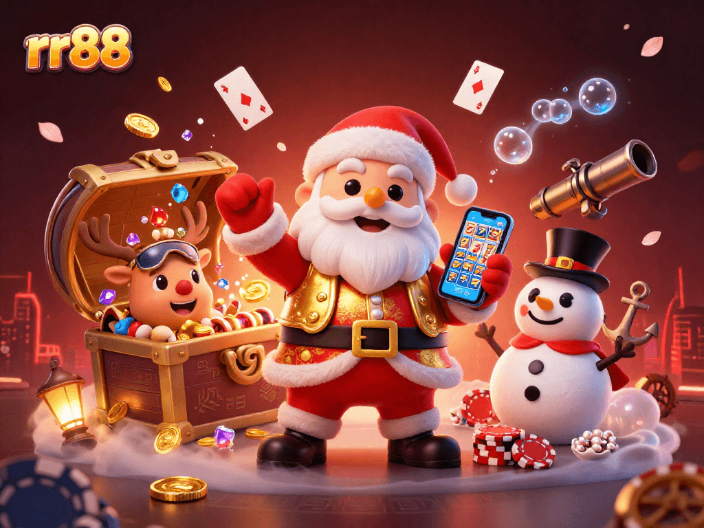 Experience exciting jackpots with rr88 as Santa and friends celebrate in a vibrant casino scene.