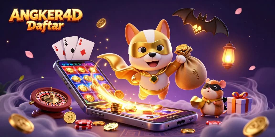 Play ANGKER4D Daftar for thrilling slot games with animated characters and gambling elements.