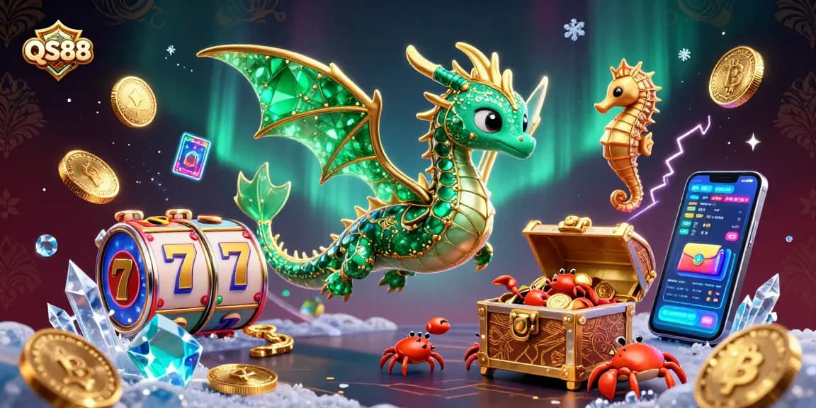Experience magical moments with QS88's vibrant slot-centric illustration showcasing a sea dragon and treasure chest.