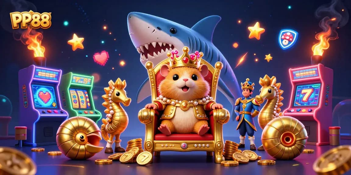 Experience thrill at PP88 with a golden hamster king amidst vibrant gaming elements in an online casino.