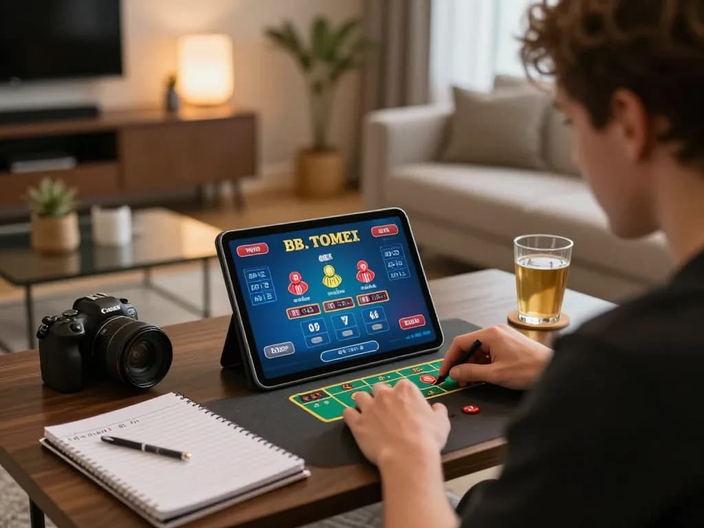 Player engaging with GG88 casino app on tablet at home, showcasing responsible gaming and excitement