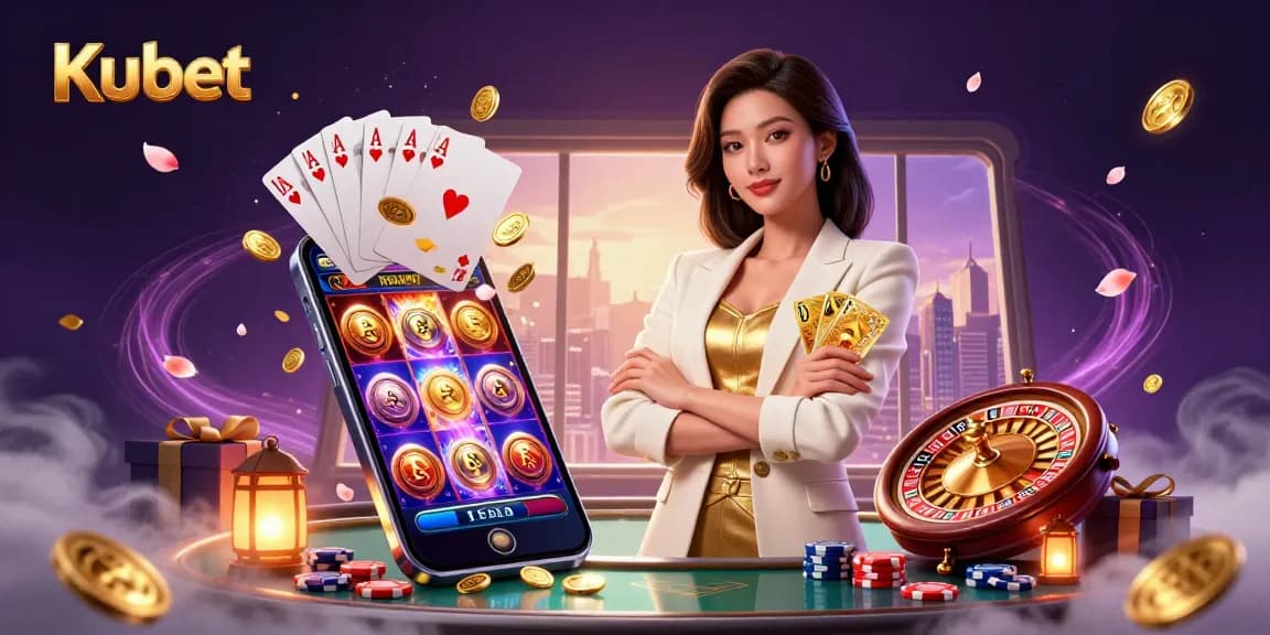 Kubet casino illustration showing a powerful Asian woman with poker cards amidst dynamic gaming elements, exuding luxury.
