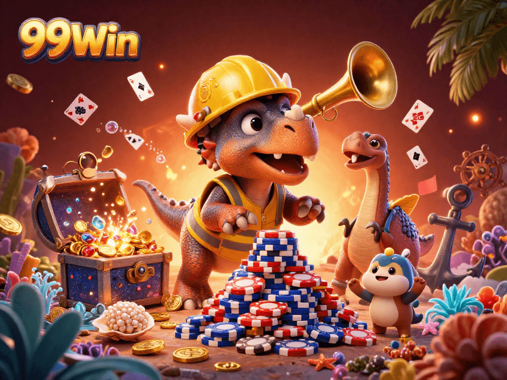 Join the action at 99Win with a colorful 3D scene celebrating gaming achievements and excitement.