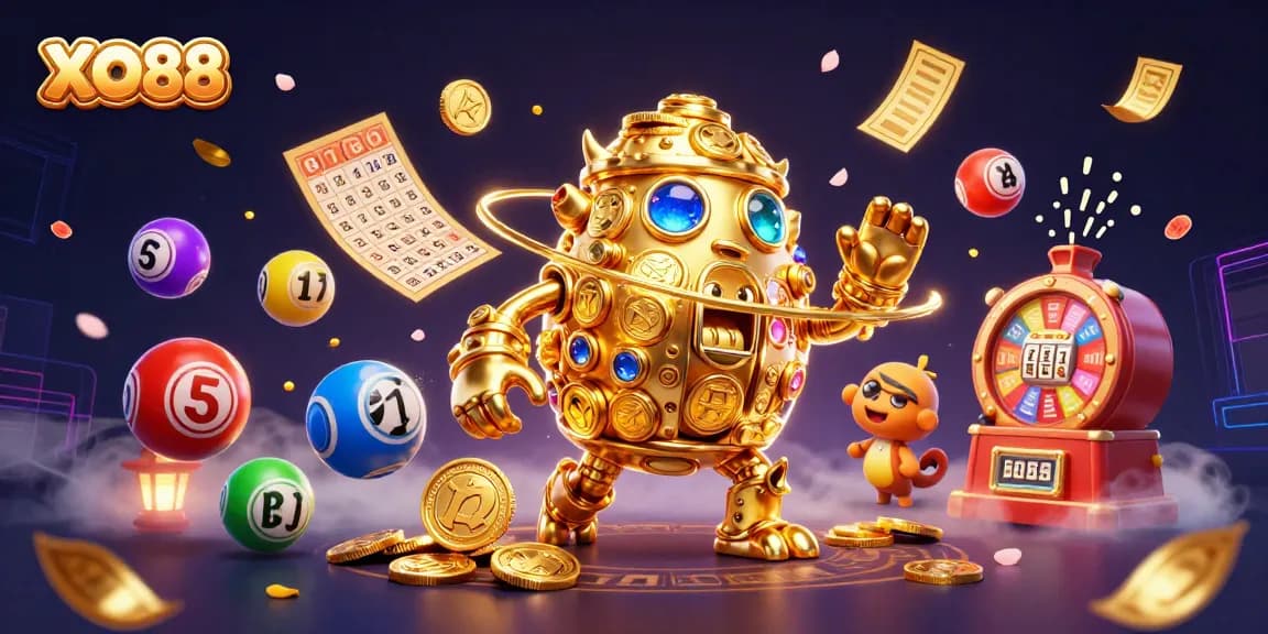 Experience excitement with XO88's golden golem and vibrant lottery elements in a dynamic casino scene.