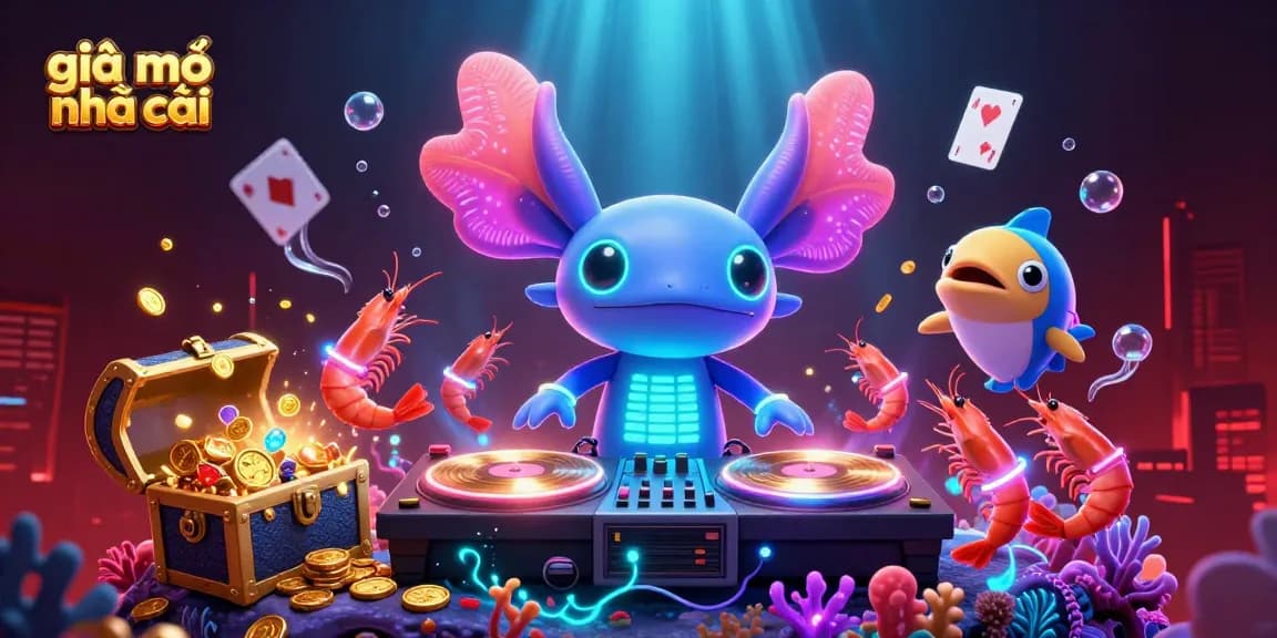 Engage with giải mã nhà cái in this vibrant 3D scene featuring an energetic axolotl DJ and colorful underwater treasures.