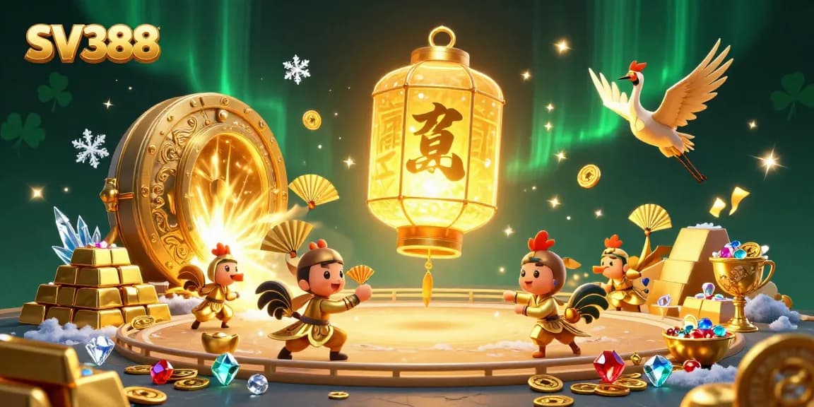 SV388 brings exciting cockfighting action alive in vibrant 3D, showcasing golden warriors and sparkling treasures.