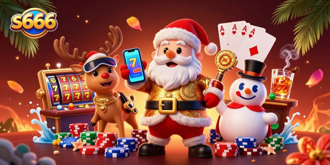 Experience the excitement of s666 with Santa Claus and friends celebrating big jackpots in a vibrant casino scene.