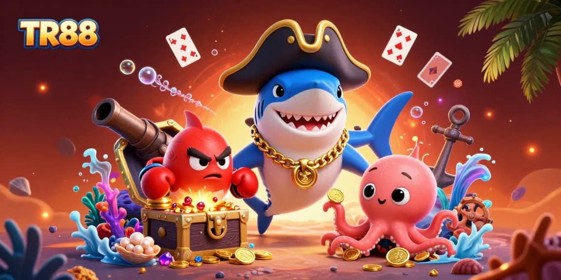 Join the adventure at TR88, featuring a pirate shark, boxing pufferfish, and octopus with treasure in an exciting underwater casino!