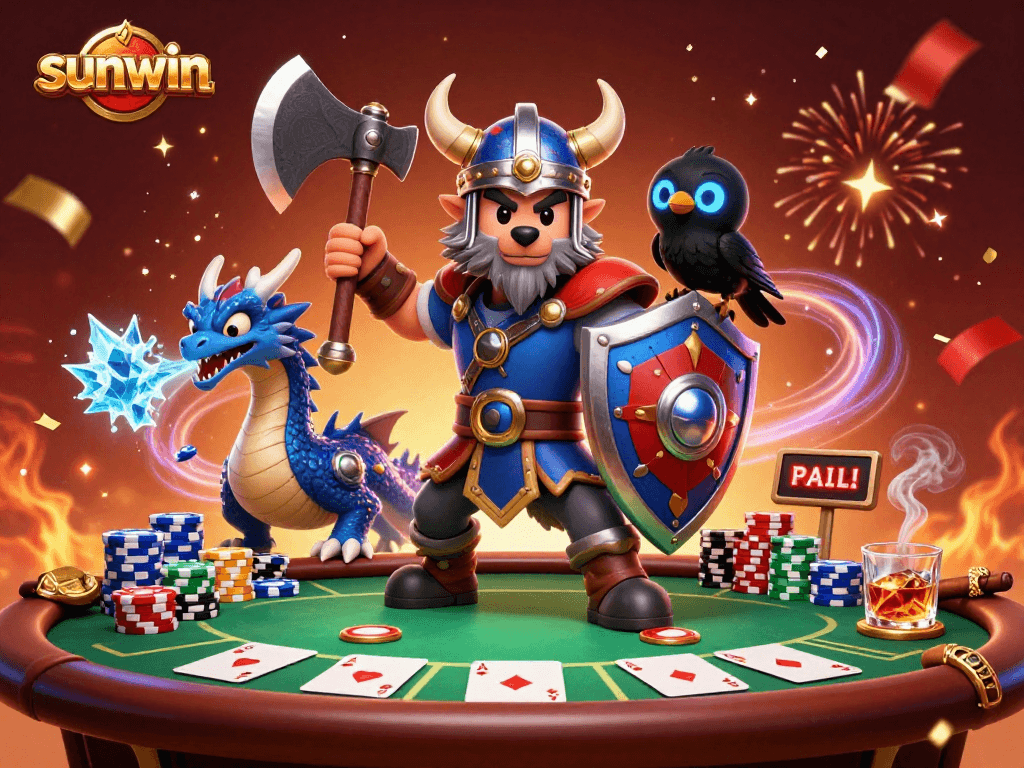 Experience the thrill of sunwin with our Viking wolf warrior illustration at a vibrant poker scene.
