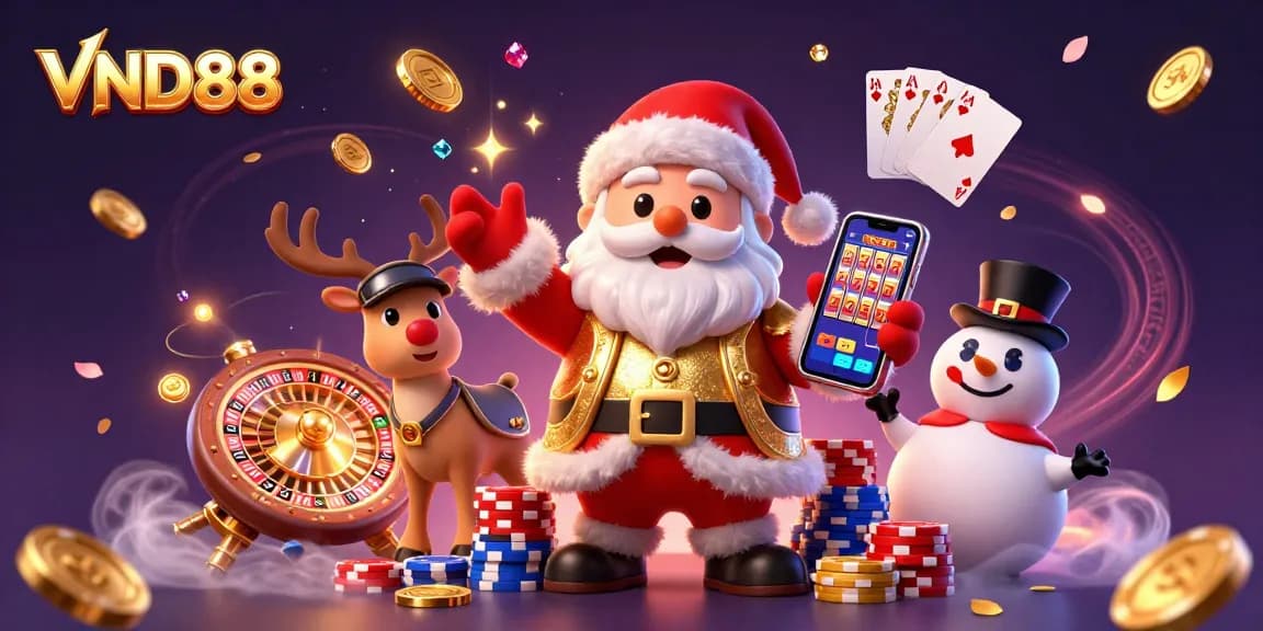 Experience VND88's festive gaming with Santa, his reindeer, and a poker chip snowman in a vibrant casino.