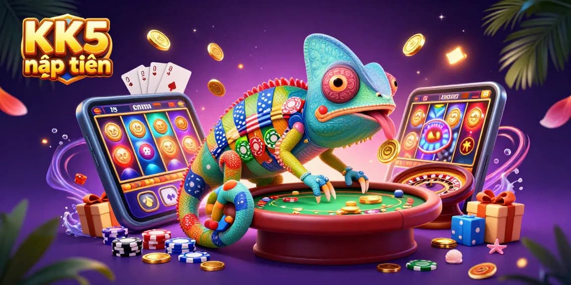 Experience the vibrant world of KK5 nạp tiền with a chameleon casino owner capturing golden coins, bringing excitement to online gaming.
