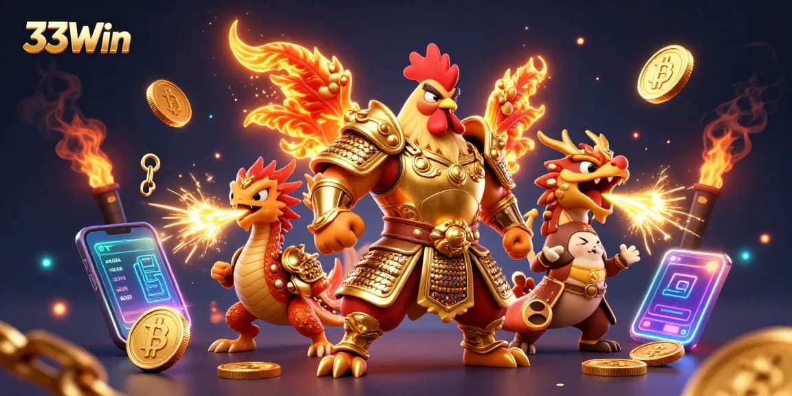 Engage with the vibrant 33Win scene featuring a rooster warrior and armored dragon amidst crypto coins.