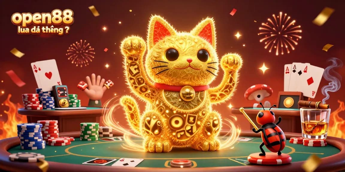 Experience "open88 lừa đảo không ?" with a dynamic casino scene featuring a lucky cat and vibrant poker elements.