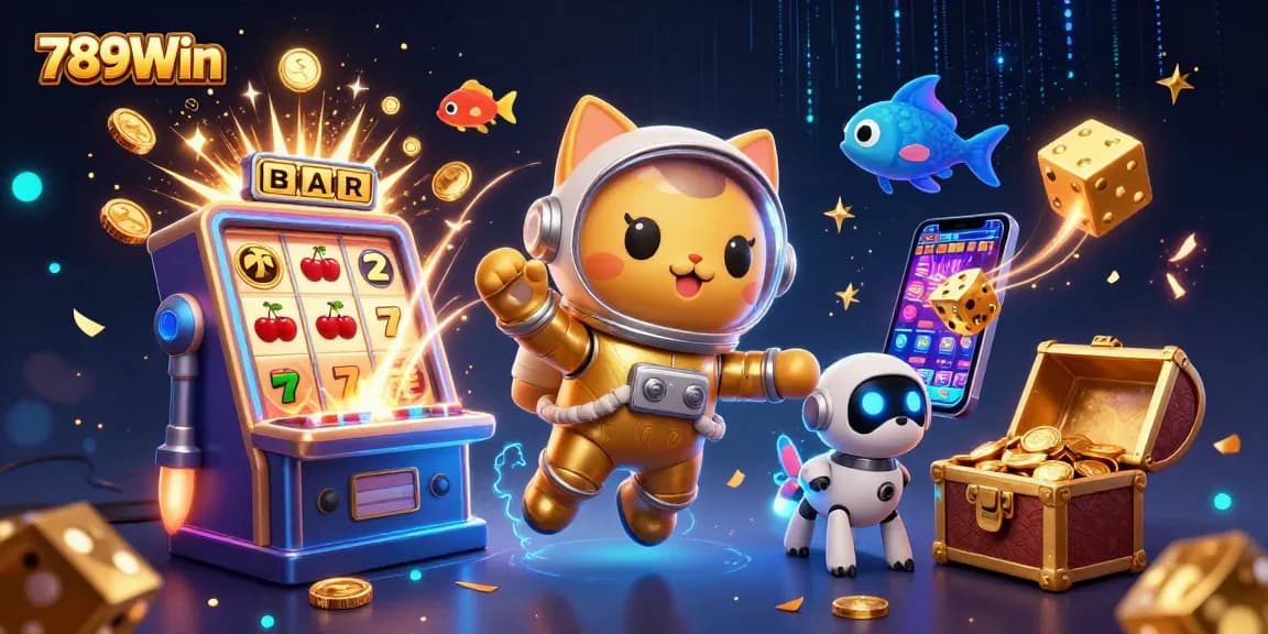 Experience the excitement of 789Win with dazzling slot machines and cosmic characters, capturing the thrill of online gambling.
