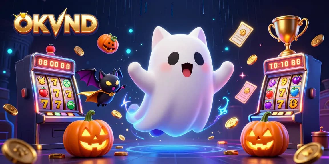 Engage with OKVND's thrilling slot gaming experience alongside a lively ghost cat and vampire bat.