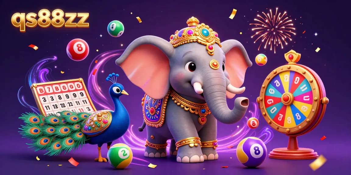 Spin and win with qs88zz's vibrant 3D casino scene featuring lottery elements and festive characters.