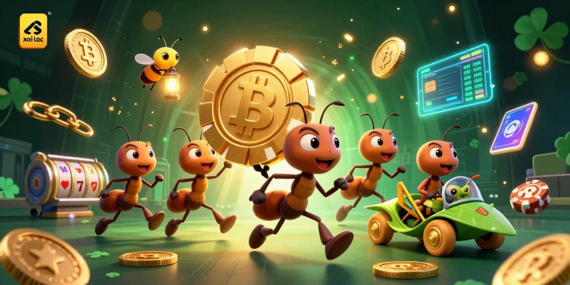 Xoi lac gameplay scene featuring ants in a heist with poker chips and vibrant crypto elements.