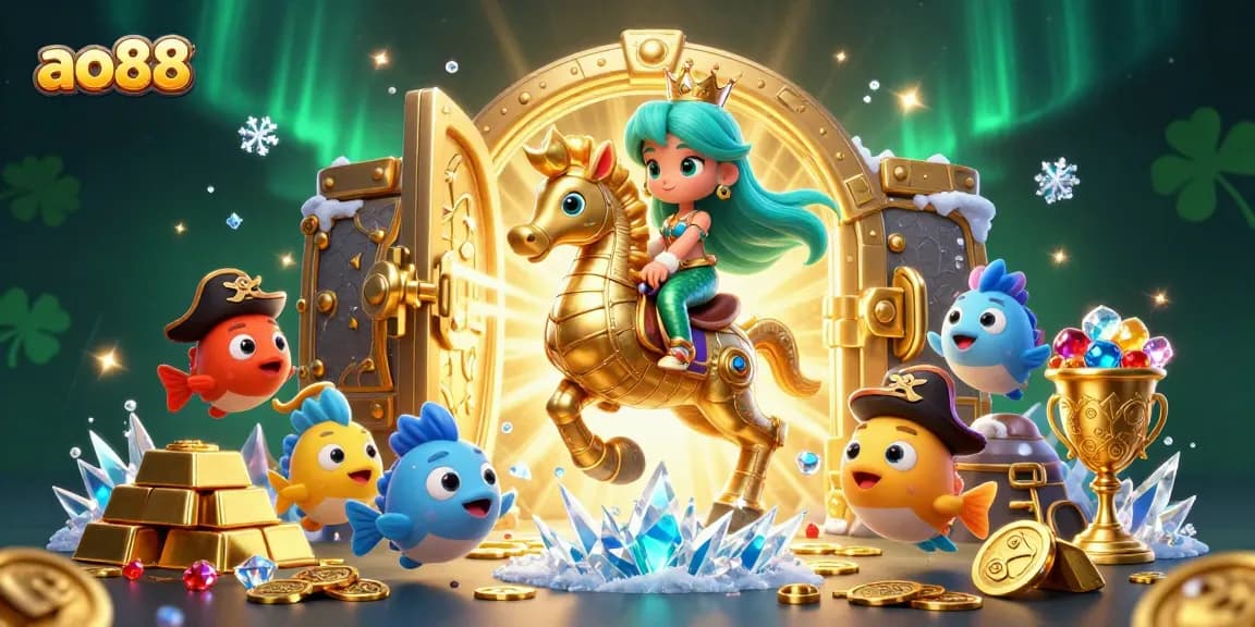 A captivating scene of ao88 showcasing a mermaid princess, seahorse, and treasures representing casino charm