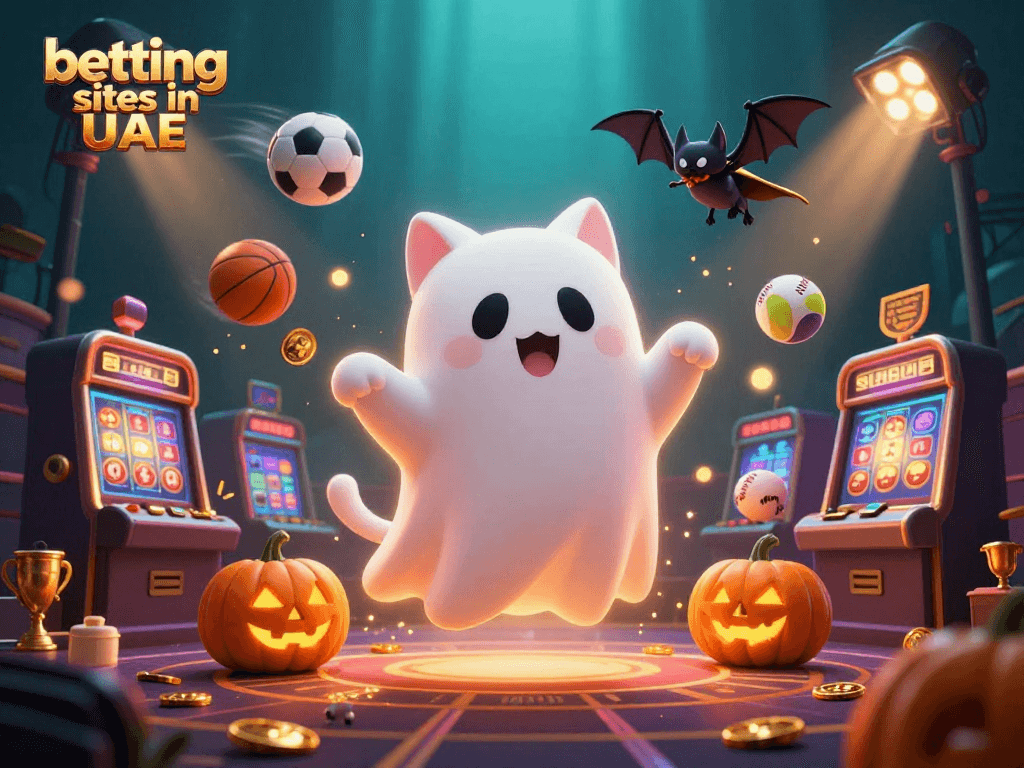 Experiencing thrilling betting sites in UAE with a ghost cat and vampire bat in a dynamic, haunted casino scene.