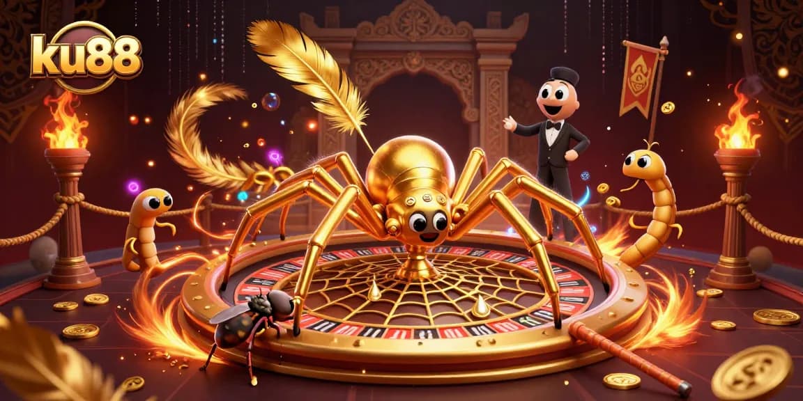ku88 users can bet nervously in this dynamic illustration featuring a golden spider and croupier.
