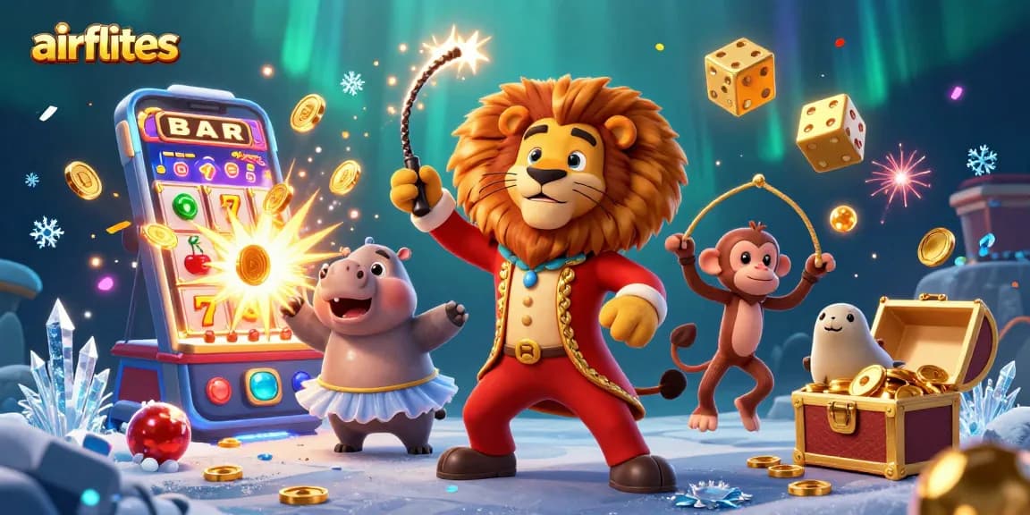 Play the airflites jackpot slots with circus characters and a dynamic casino scene.
