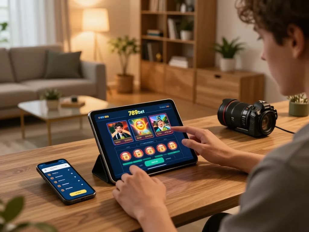Engaging with the 789bet casino app on a tablet in a cozy home setting, emphasizing responsible gambling