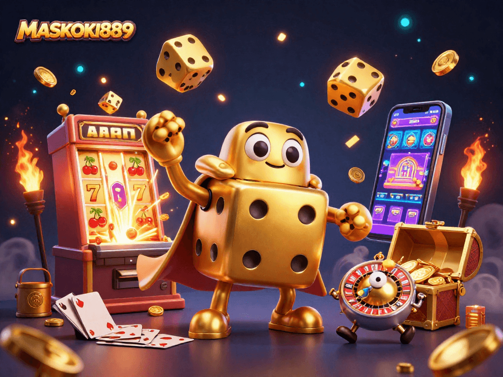 Engage with MASKOKI889 for epic slots action in this vibrant, animated casino illustration.