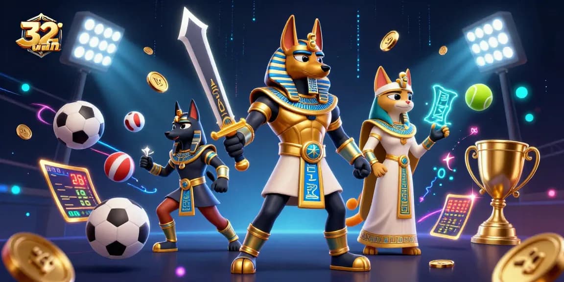 Engage with 32win as Anubis and Bastet champion gambling excitement in a dynamic casino scene.