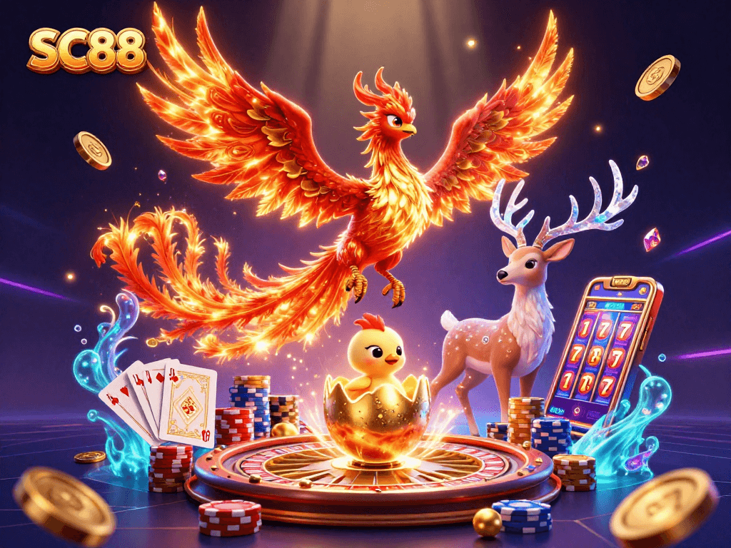 Experience the thrill of SC88 with a phoenix and stag in a vibrant casino scene.
