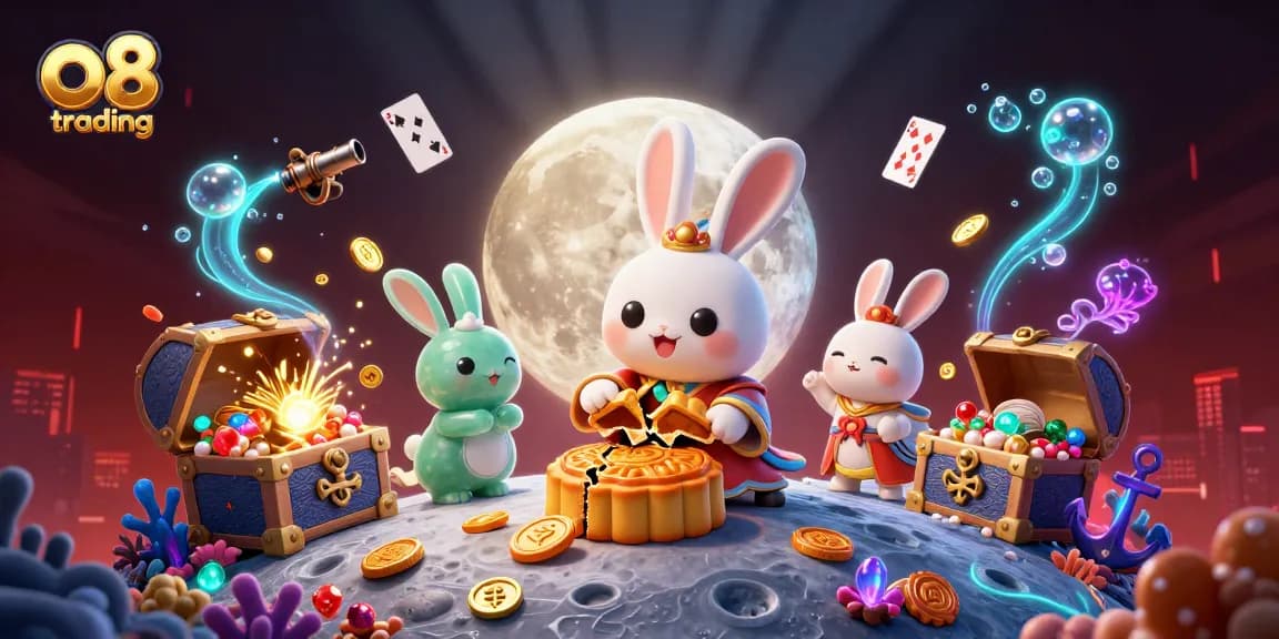 Experience the thrill of o8 trading with vibrant visuals showcasing poker chips, bioluminescence, and playful characters.