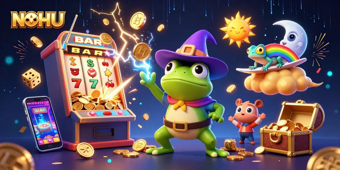Play exciting NOHU slot games with vibrant characters and jackpot bursts in a colorful casino world.