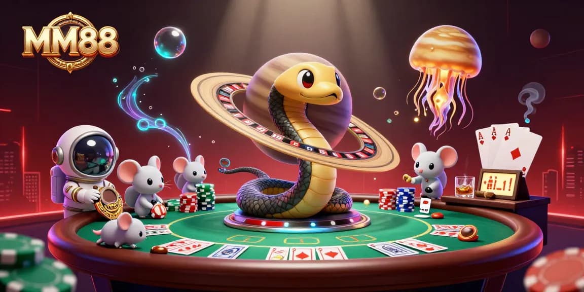Bet on MM88 with cosmic characters and a dynamic casino scene featuring vibrant colors.