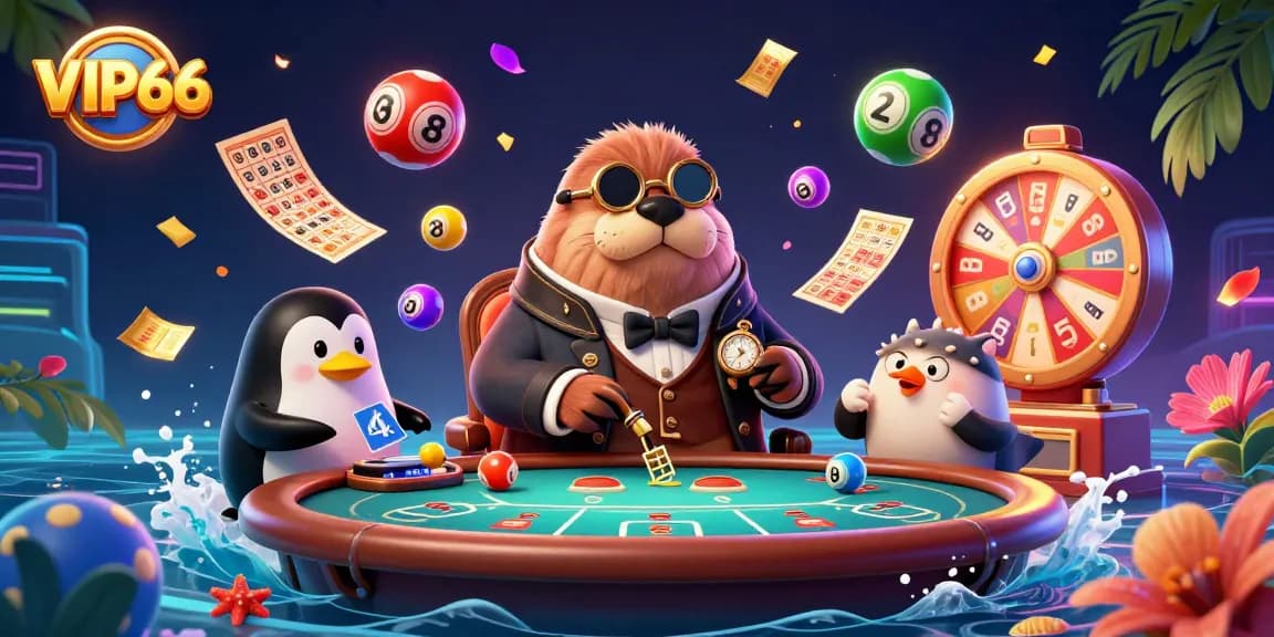 Engage in thrilling VIP66 gaming with a jolly walrus and companions at an underwater poker table.