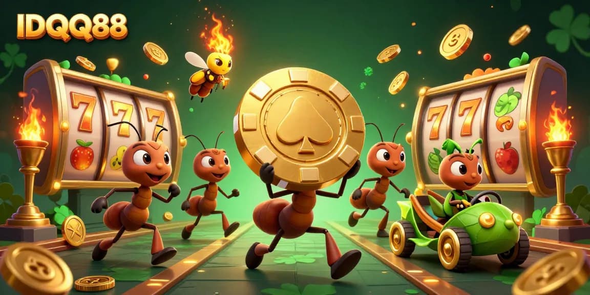 Experience thrilling slots action with IDQQ88 as ants carry a giant poker chip through a lively casino scene.