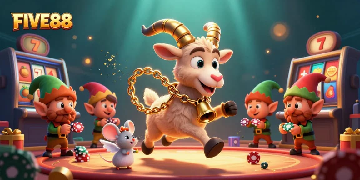 Experience the excitement of FIVE88 with a festive casino scene featuring Krampus and playful characters.