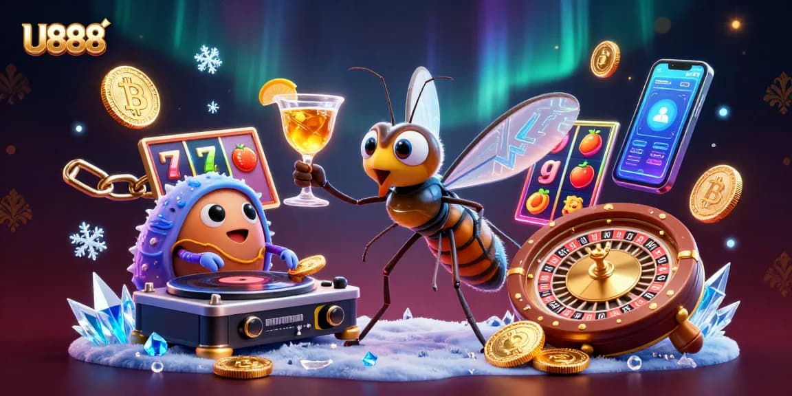 Engage in U888's vibrant casino experience featuring animated characters and digital elements.