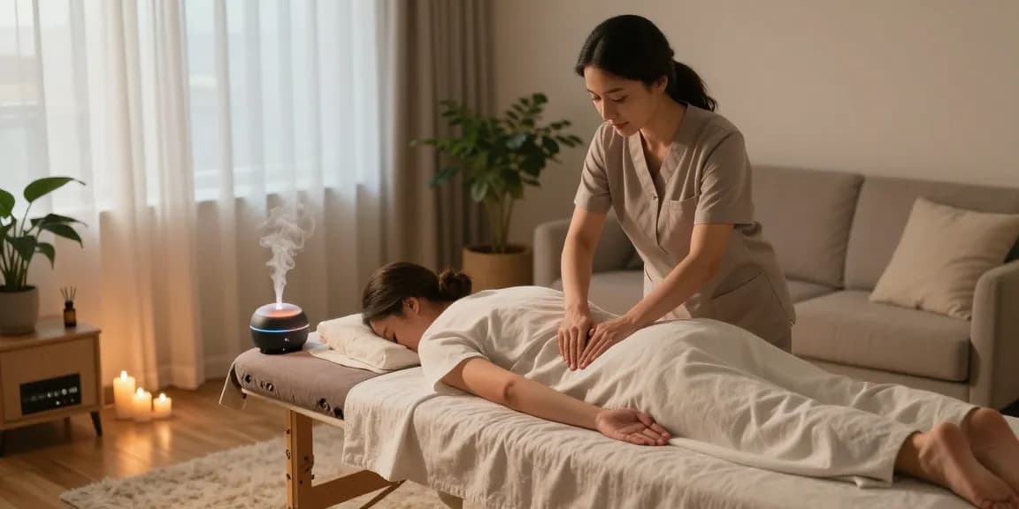 출장마사지 session with a professional therapist in a serene home setting, emphasizing relaxation and wellness.