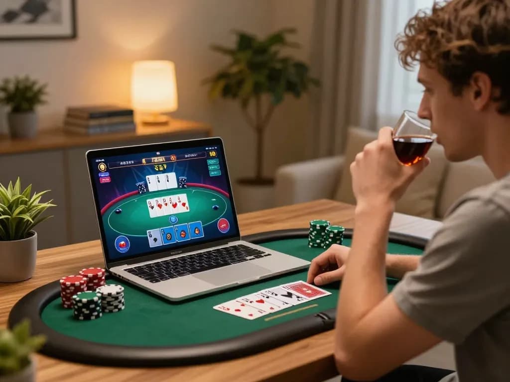 Player engaging in a game online, focused on a vibrant poker interface, showcasing excitement and strategy.