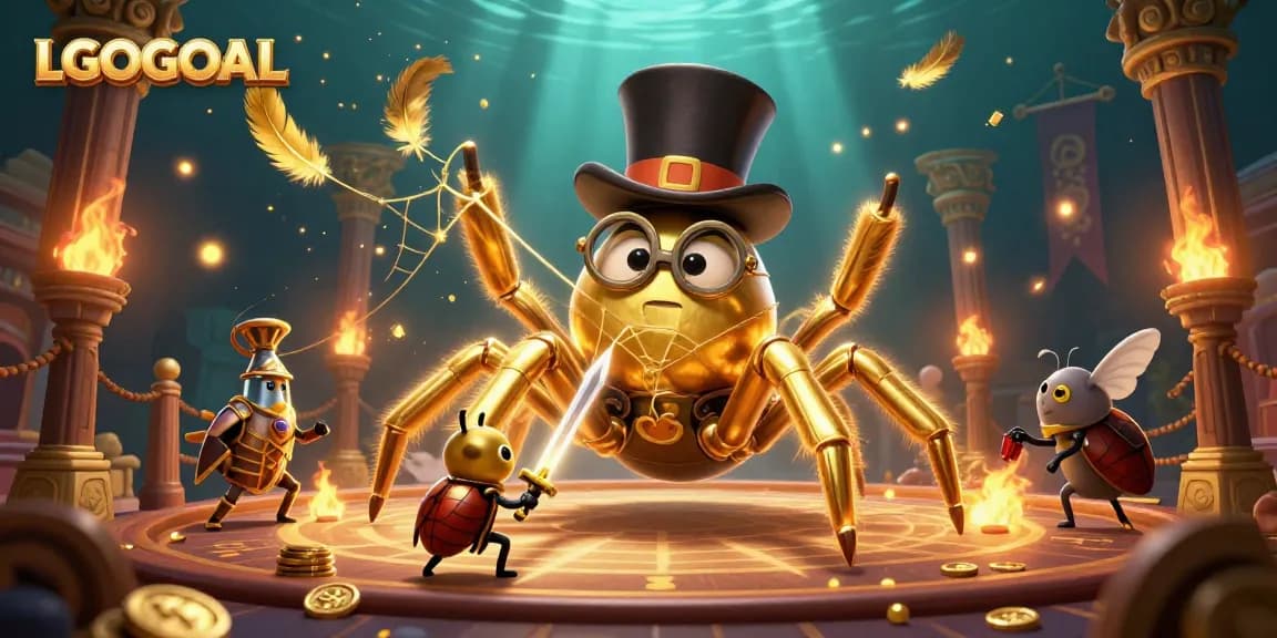 Experience the thrilling world of LGOGOAL with a majestic golden tarantula and brave beetle knight in a dynamic casino setting.