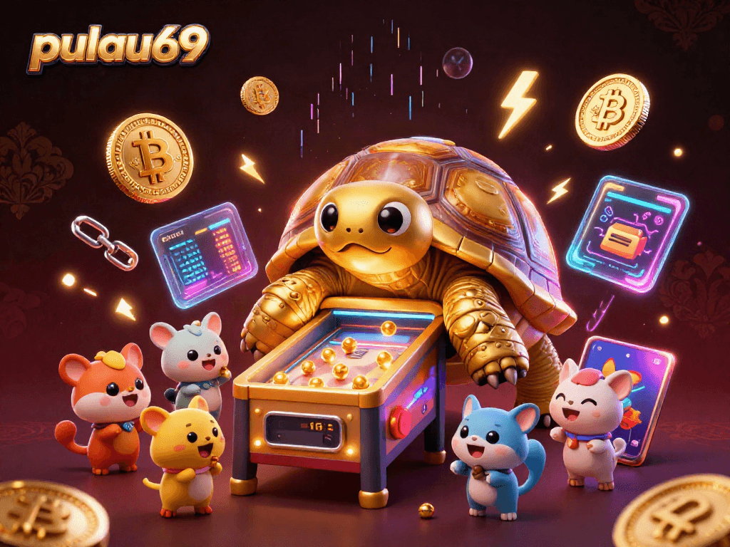 Play the exciting pulau69 casino games with a colorful golden tortoise and cryptocurrency elements.