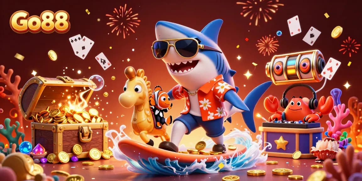 Go88 players enjoying a colorful casino adventure with thrilling characters amidst gold coins and festive elements.