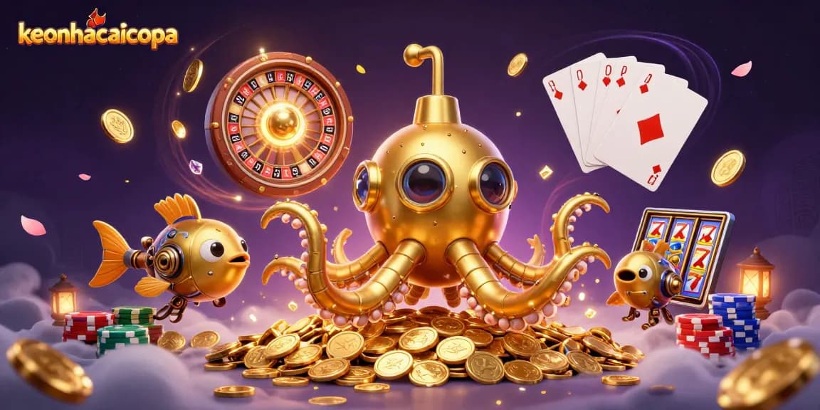 Engage in thrilling bets with keonhacaicopa as dynamic characters shower golden coins and play cards.