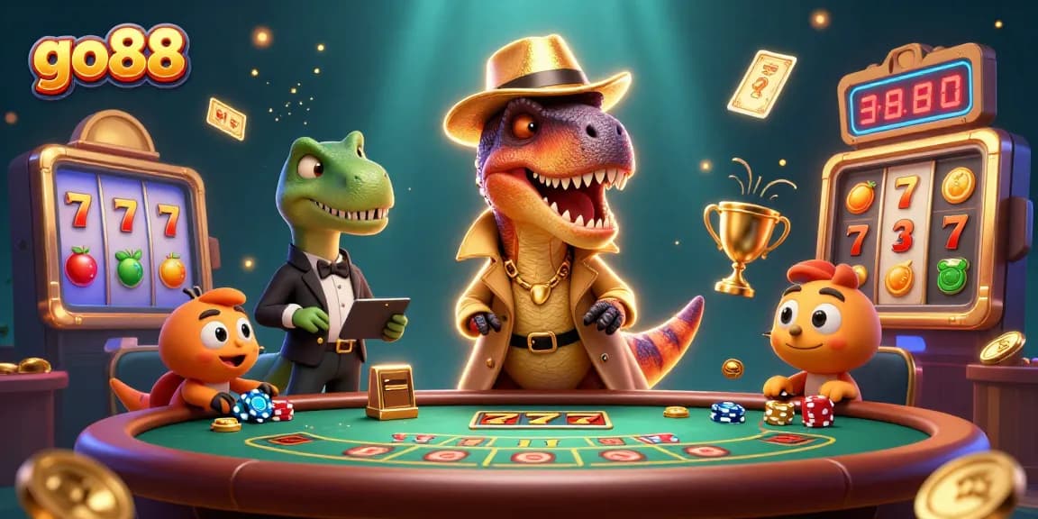 Experience thrilling gaming action at go88 with a cartoon velociraptor counter and casino elements.