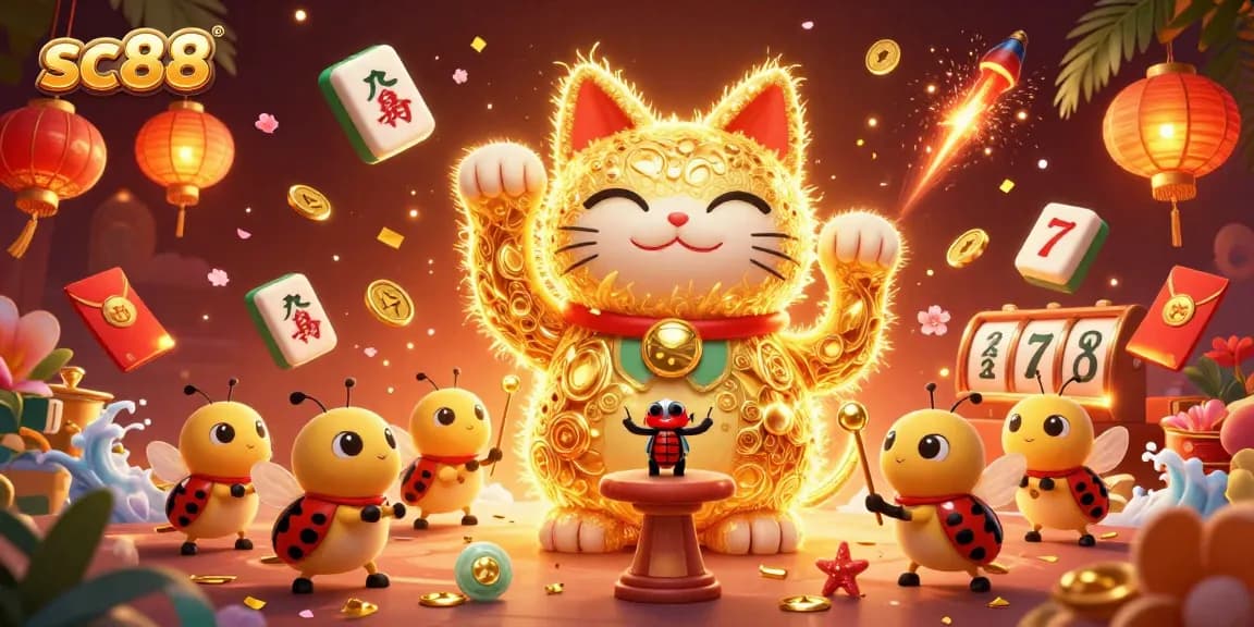 Experience sc88's casino excitement with vibrant fireflies, lucky symbols, and energetic gameplay illustrations.